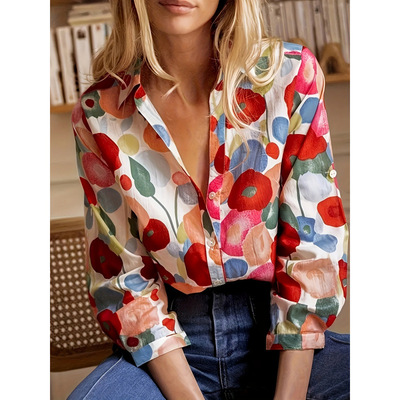 Women Shirts Tops Print Ladies Clothes印花女士时尚长袖衬衫