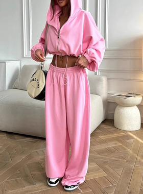 Women Cardigan+Short Pants长袖系带收腰连帽开衫松紧裤二件套