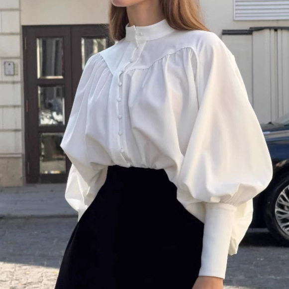 Women Shirt Fashion Blouse Tops时尚气质白色立领灯笼袖衬衫女