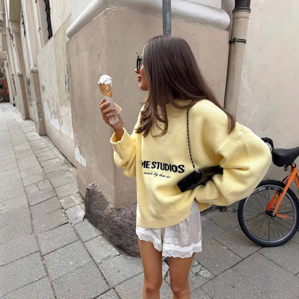 Women Sweater Pullover毛衣女秋冬宽松套头黄色针织衫打底上衣女