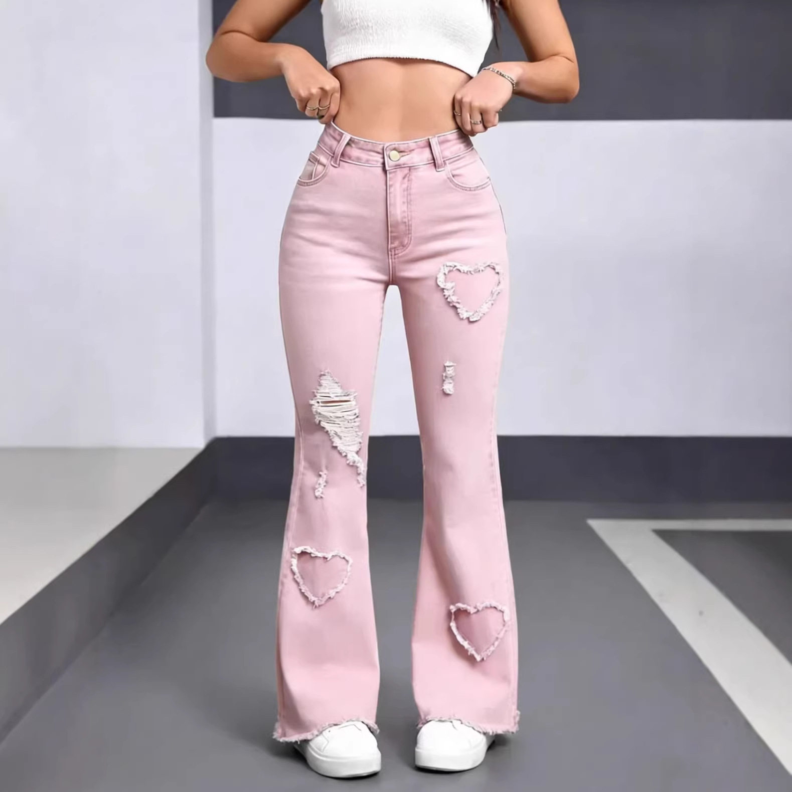 Women Denim Jean Pants欧美显瘦心型刺绣破洞微喇毛边牛仔裤女