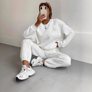 Women Outfit Sets秋冬欧美女装时尚螺纹提花长裤休闲两件套装女