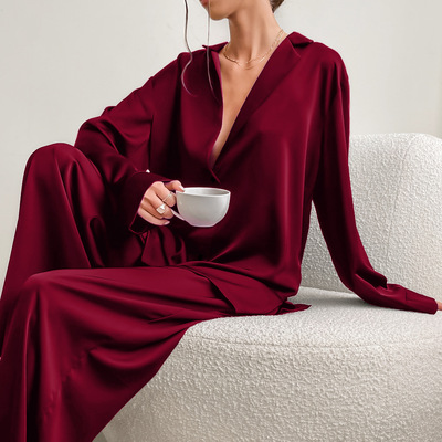 夏季仿真丝宽松长袖长裤睡衣家居服Women Pajamas Homewear Silk