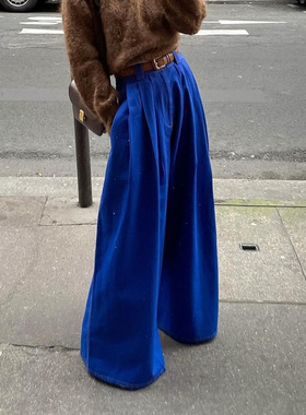 Women Long Pants Fashion Trouser口袋蓝色长裤女宽松直筒阔腿裤