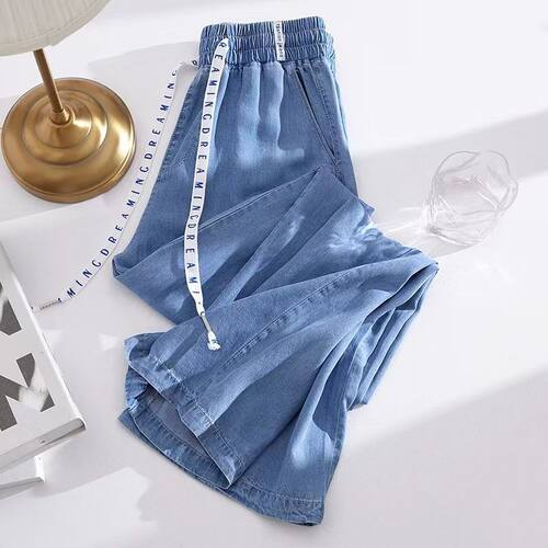 Plus Size Women Pant大码天丝牛仔裤薄款高腰垂感休闲冰丝阔腿裤
