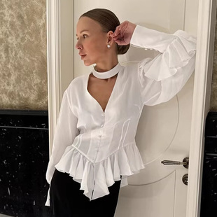 Women Shirt Office OL Clothes宫廷风法式设计感荷叶边长袖衬衫