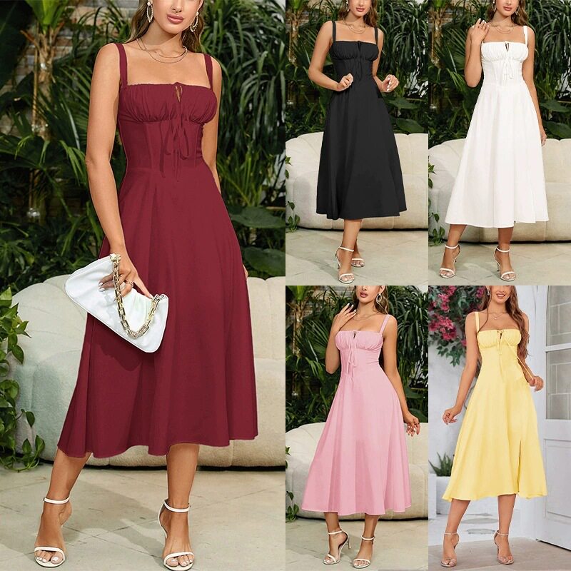 Women Dresses Streetwear瘦腰鱼骨定形抽绳系带包胸吊带连衣裙