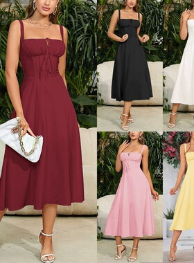 Women Dresses Streetwear瘦腰鱼骨定形抽绳系带包胸吊带连衣裙