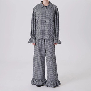 Women Clothe Sets时尚格子套装女娃娃领喇叭袖开衫上衣宽松长裤