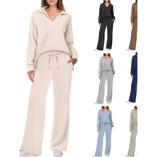 Women Outfits欧美春秋新款时尚休闲长袖抽绳纯色通勤长裤套装女