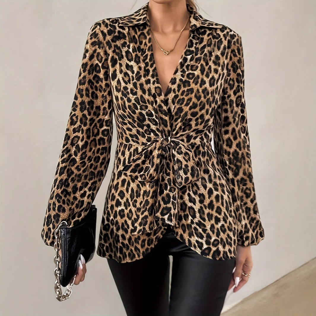 leopard print Shirt欧美长袖上衣春新款豹纹印花系带V领长袖衬衣