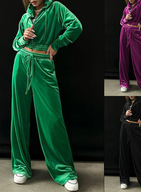 Women Sport Suit Sweater秋冬女士时尚连帽卫衣金丝绒休闲裤套装