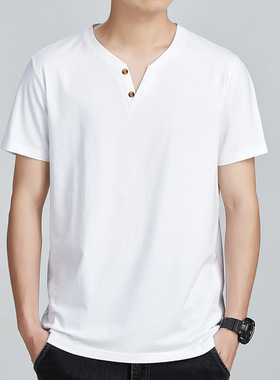 Men Tees T-Shirt纯色v领纽扣短夏季t恤打底衫袖上衣时尚男士服装