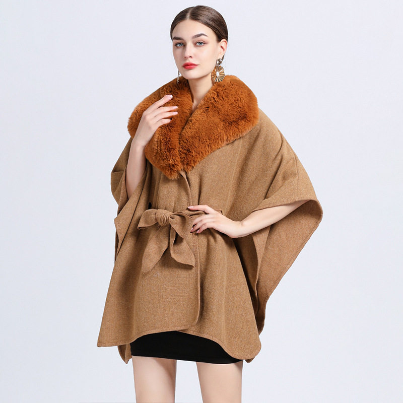 Poncho Cloak Shawl仿獭兔毛领针织披肩斗篷系带毛呢外套宽松开衫