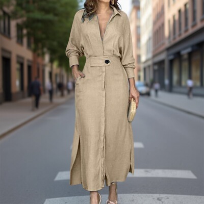 春季欧美女装通勤系带纯色收腰长袖深v翻领连衣裙Women Dresses