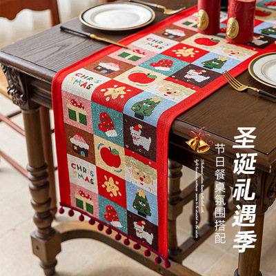 Table Runner圣诞老人餐桌布氛围感仿棉麻六人桌长条布圣诞节桌旗