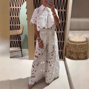Women Outfit Fashion夏欧美纯色性感镂空开衫上衣阔腿裤两件套女