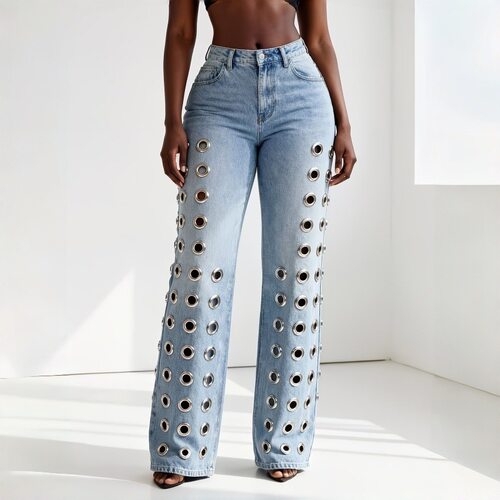 Denim Pants欧美高腰牛仔裤女 金属镂空设计感水洗直筒拖地裤牛仔