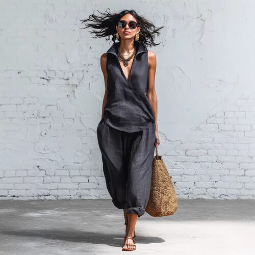 Women Outfits Shirt+Pants欧美简约翻领衬衫和阔腿裤女装两件套