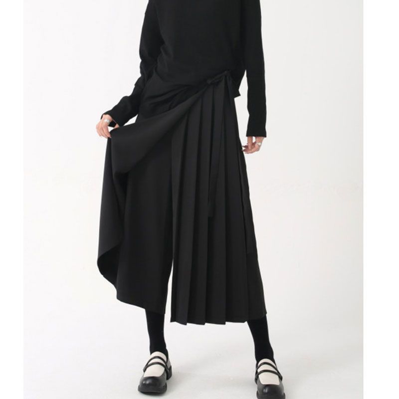 Women Pants 垂坠感假两件不规则裤裙百褶宽松七分裤休闲阔腿裤女