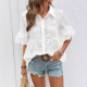 衬衫 Women 休闲上衣 Tops欧美翻领镂空刺绣女式 短袖 Shirt Summer