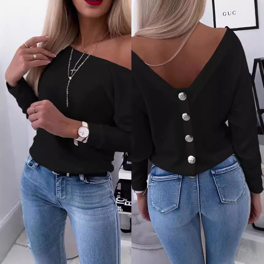 Sexy Off Shoulder Tees Tops Blouse T-Shirts露背一字领长袖T恤