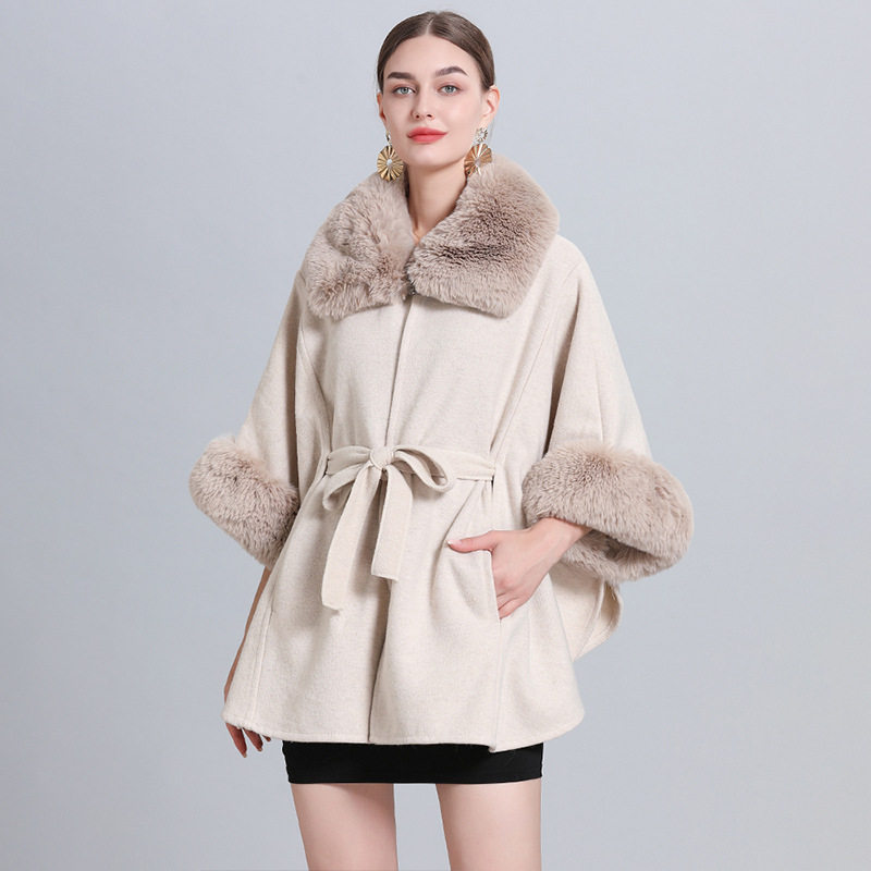 Women Poncho Cape Coat毛领披肩斗篷中长款系带开衫大码毛呢外套