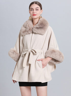 Women Poncho Cape Coat毛领披肩斗篷中长款系带开衫大码毛呢外套