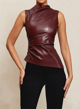 Women PU Leather Tops Vest无袖皮背心欧美风女装不规则无袖上衣