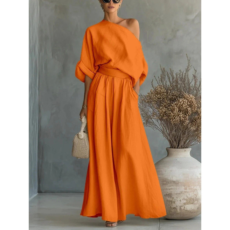 Women Outfit Sets欧美春季纯色气质露肩口袋百搭休闲宽松两件套