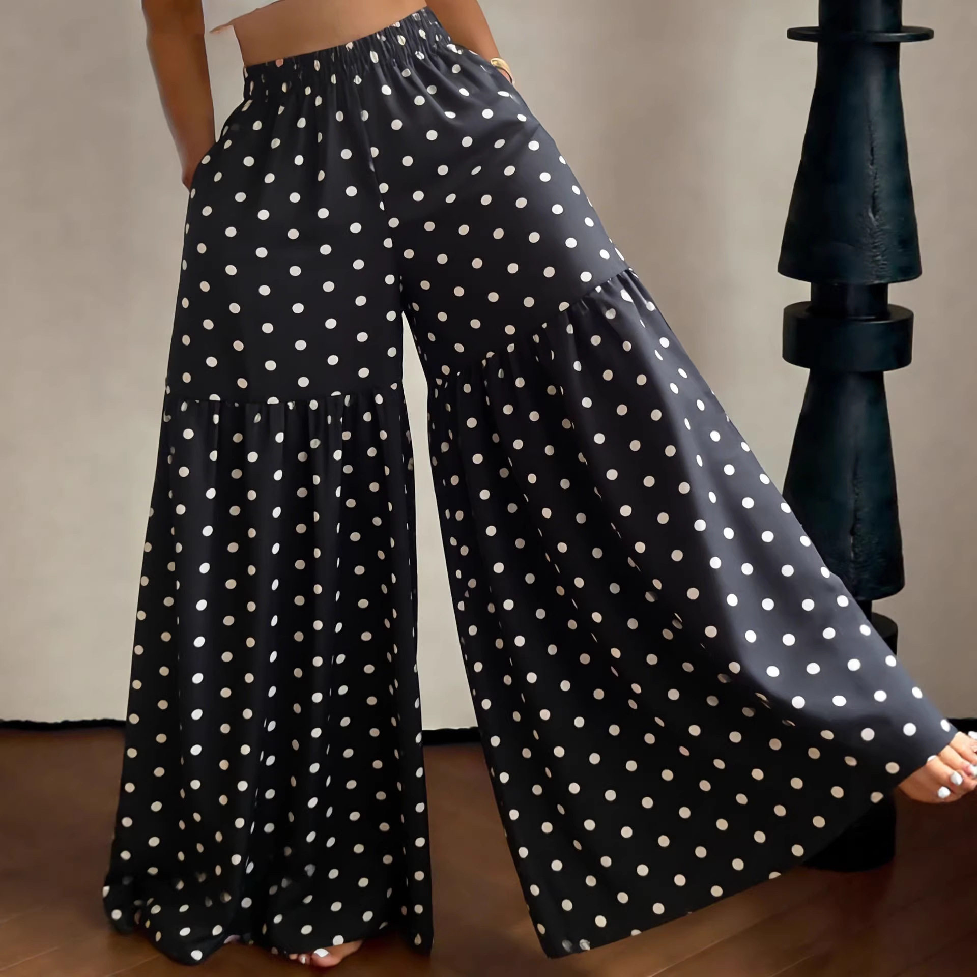 Women Long Pants欧美女裤花草印花腰宽松薄款阔腿飘逸百搭喇叭裤