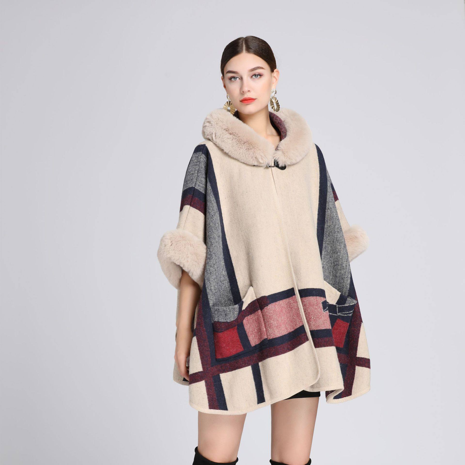 Women Poncho Cape Shawl仿獭兔毛领斗篷女士提花毛呢外套开衫女