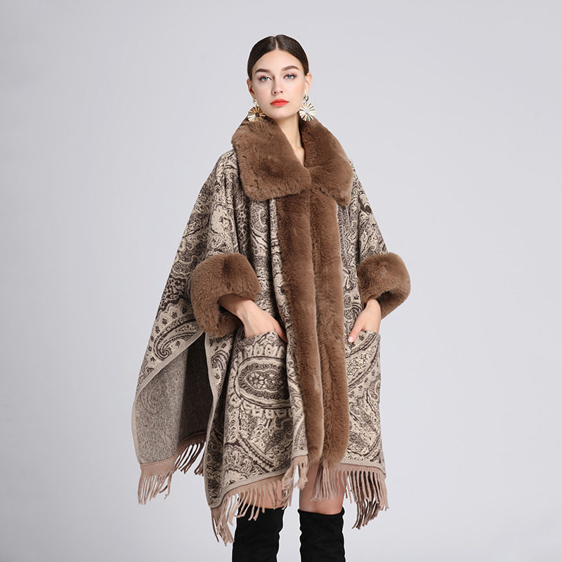 Women Poncho Cape Outwear Coat Cloak毛领披肩斗篷提花毛呢外套