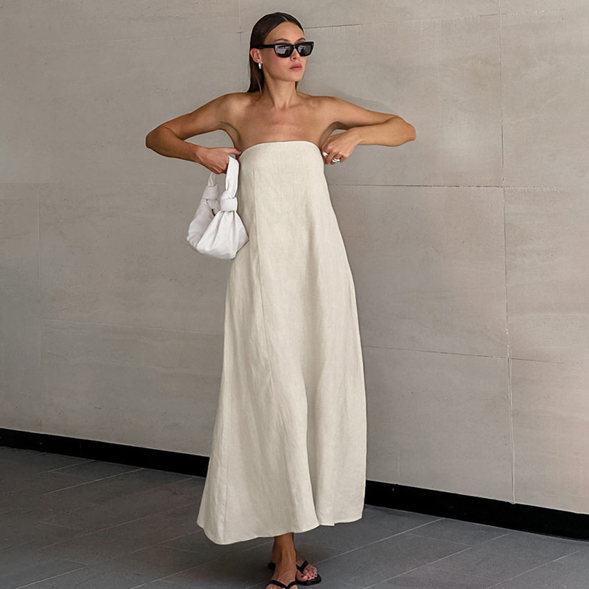 Women Tube Top Dresses Cotton Linen棉麻抹胸连衣裙A字裙女装