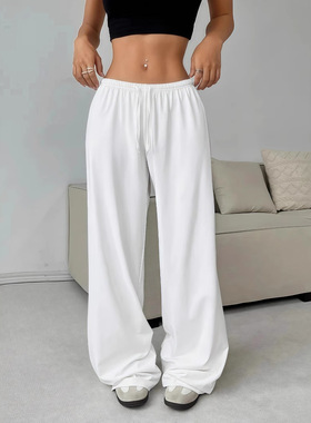 Women Pants Ladies White Trouser Wide Leg宽松直筒阔腿裤抽绳