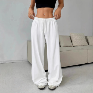 Women Pants Ladies White Trouser Wide Leg宽松直筒阔腿裤抽绳