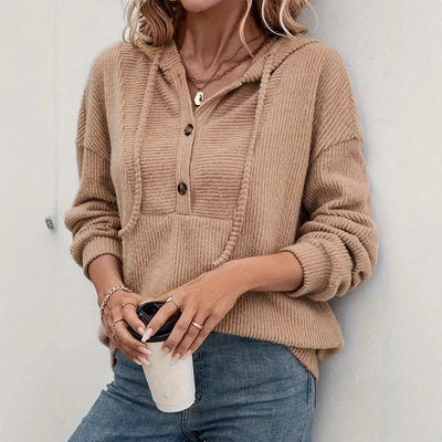 Women Pullover Sweater Tops Hoodies 欧美秋冬连帽坑条卫衣上衣