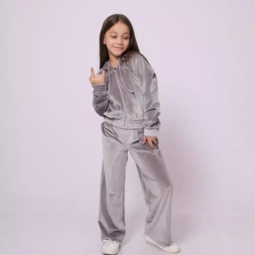 Kids Boy Girl Outfit欧美秋冬女童运动帽丝绒套装休闲卫衣两件套