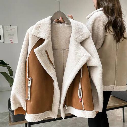 Women Coat Short Jacket Outwear加厚保暖皮毛一体外套上衣机车