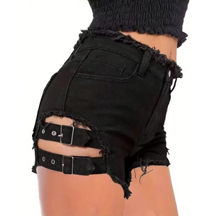 Women Denim Jean Shorts黑牛仔短裤毛边欧美松紧可调金属扣JEANS