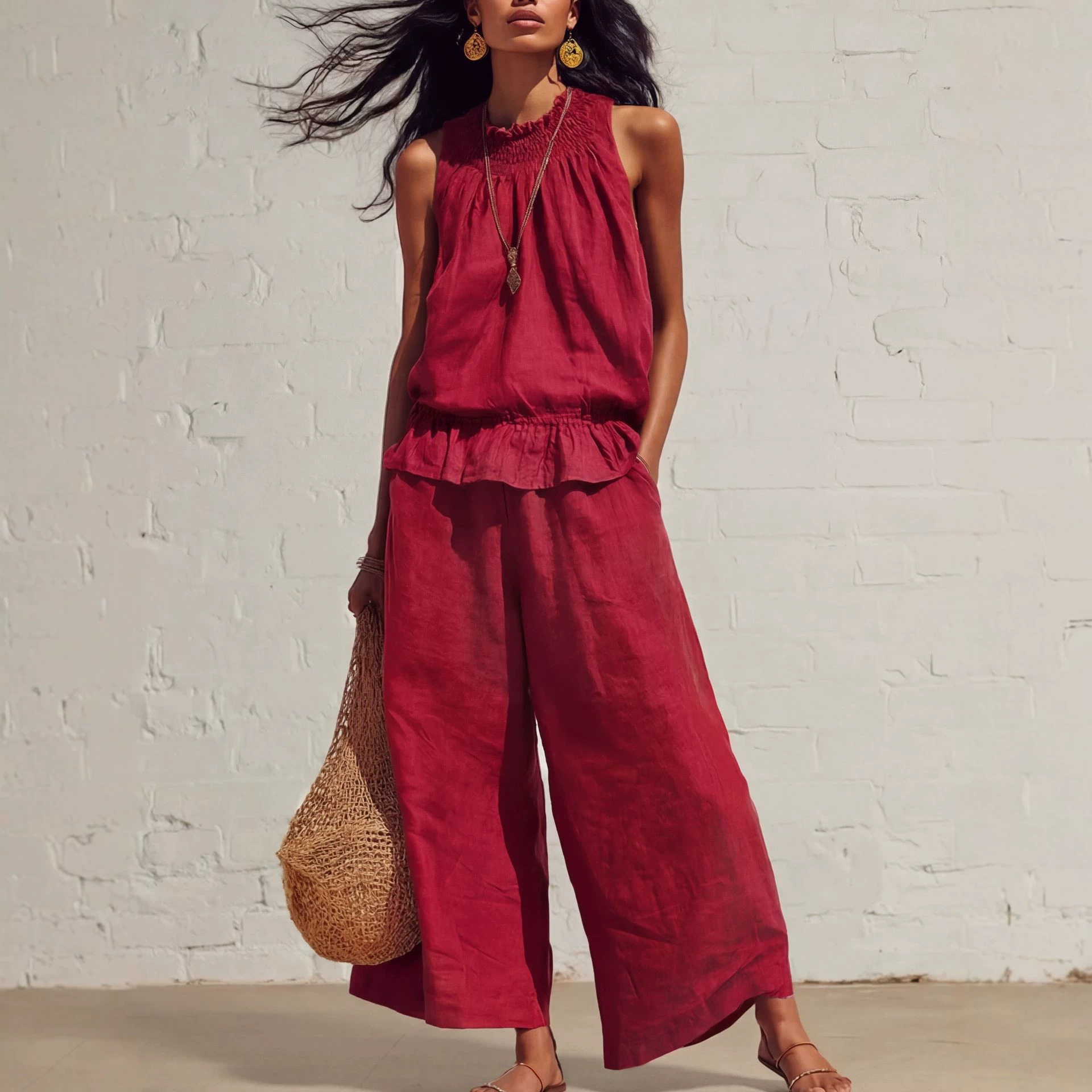 Fashion Women Outfit欧美垂感棉麻衬衫纯色时尚气质长裤两件套装