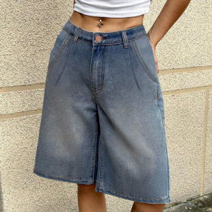 Jean Denim Short Pant欧美牛仔短裤 收褶黑 Women 女五分裤 Black