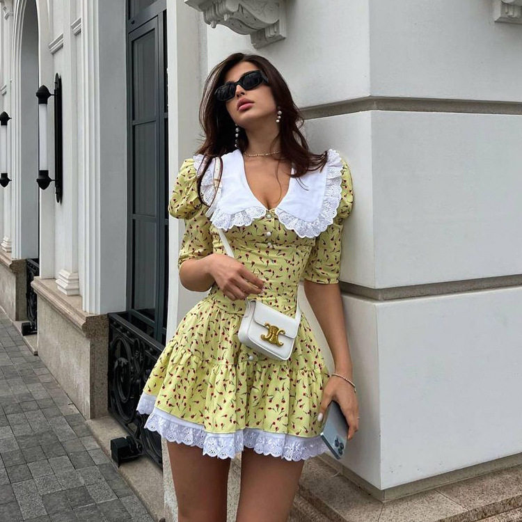 Women Dresses Puff Skirt娃娃领短袖碎花连衣裙气质收腰蓬蓬裙
