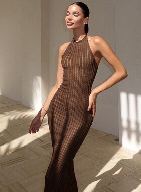 Women Knitted Long Dresses针织挂脖无袖长裙性感露背连衣裙女
