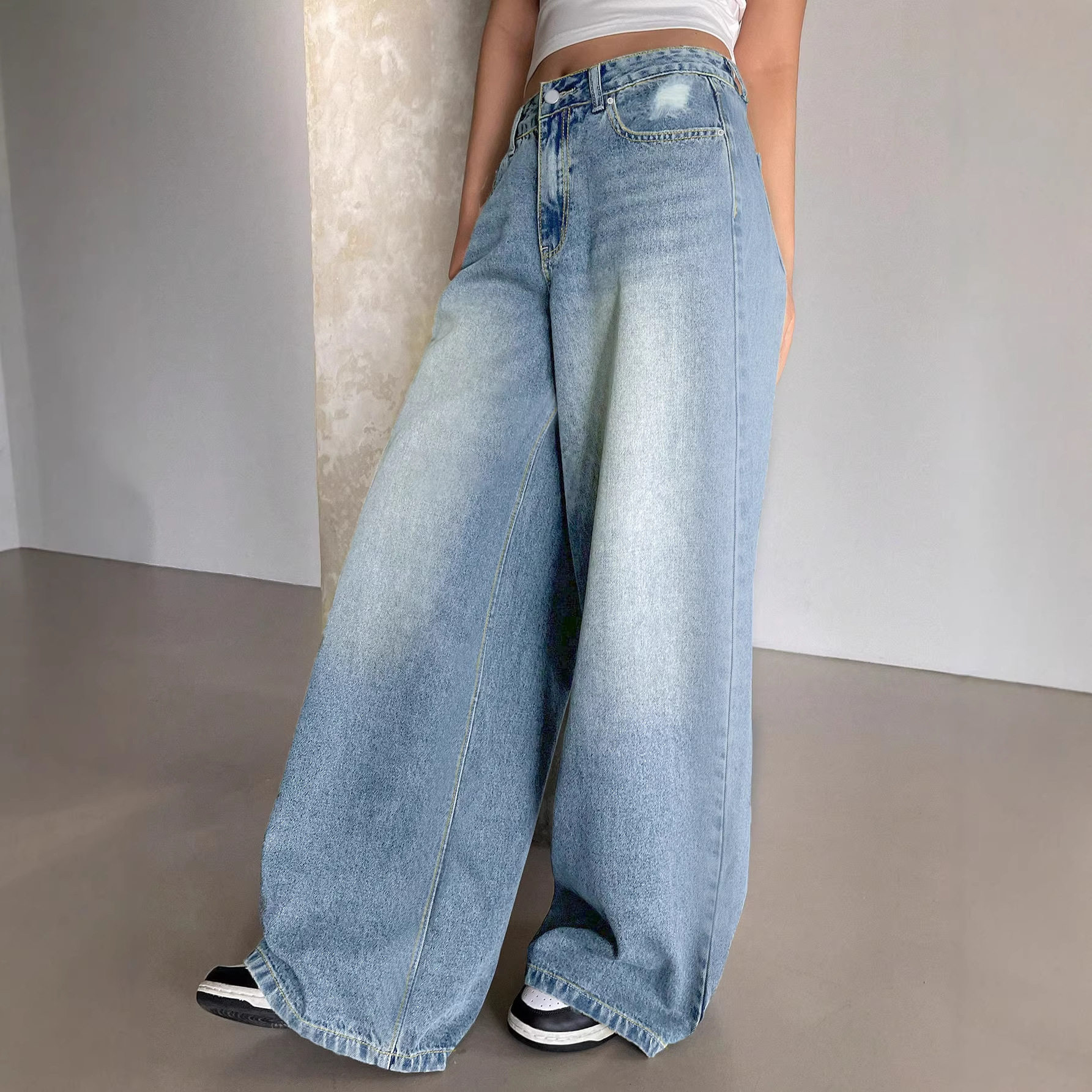 Women Long Denim Pants欧美蓝阔腿超长牛仔裤女破洞宽松休闲裤子