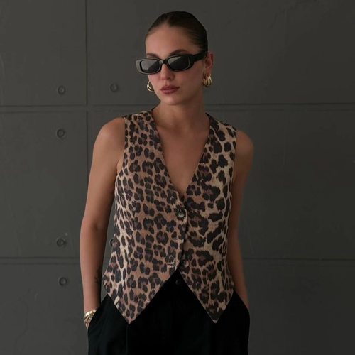 Women Jacket Vest夏欧美个性时尚短款动物纹马甲背心外套上衣女