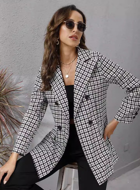 Women Coats Long Sleeve Outwear Overcoats女装欧美千鸟格外套