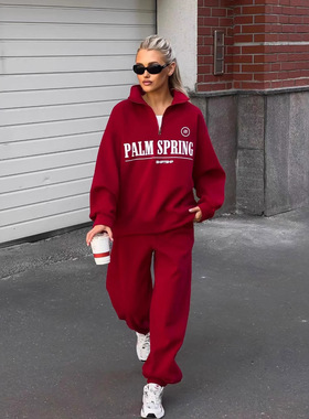 Women Tracksuit Outfit拉链长袖卫衣女秋季宽松休闲字母印花套装