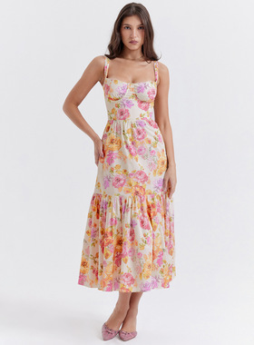 Women Floral Dresses Off Shoulder印花吊带裙一字肩褶皱花边裙