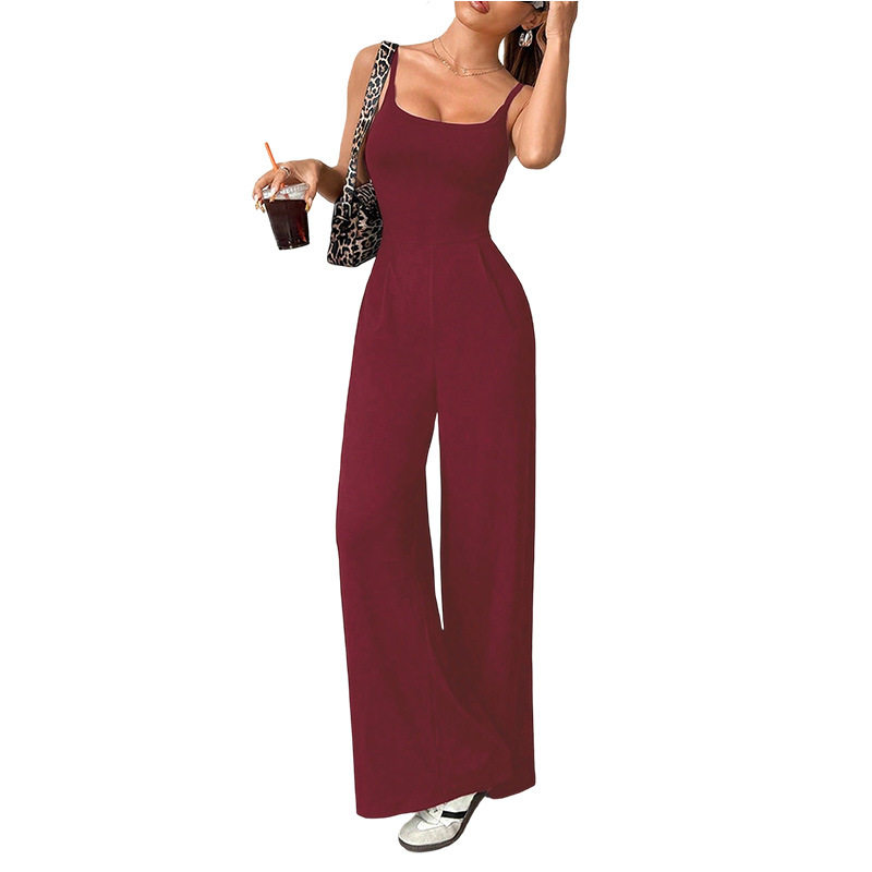 Women Loose Jumpsuit Summer欧美夏季吊带款纯色女宽松连体裤